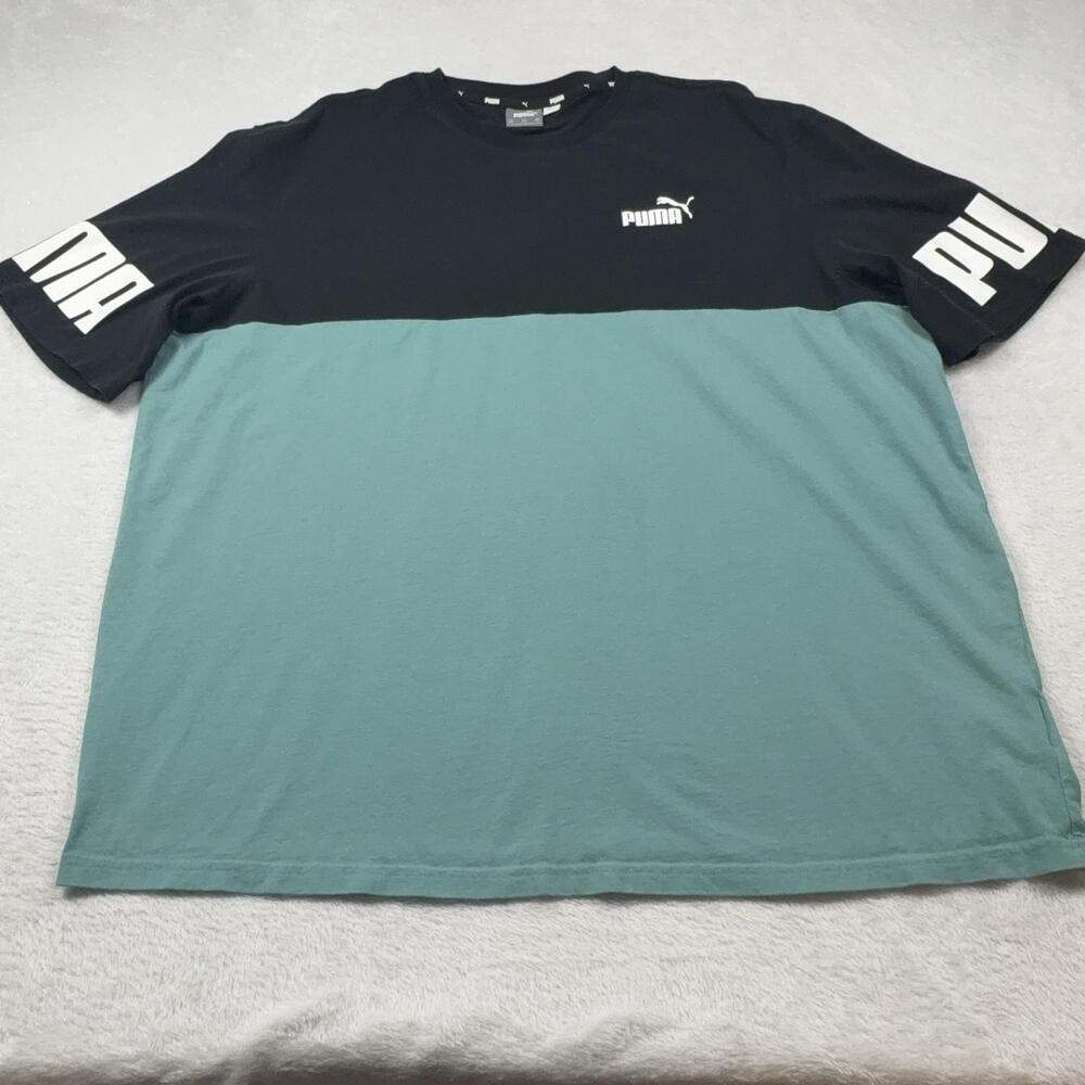 PUMA T-Shirt Men 2XLT Green Black Colorblock Crew Neck Short Sleeve Logo